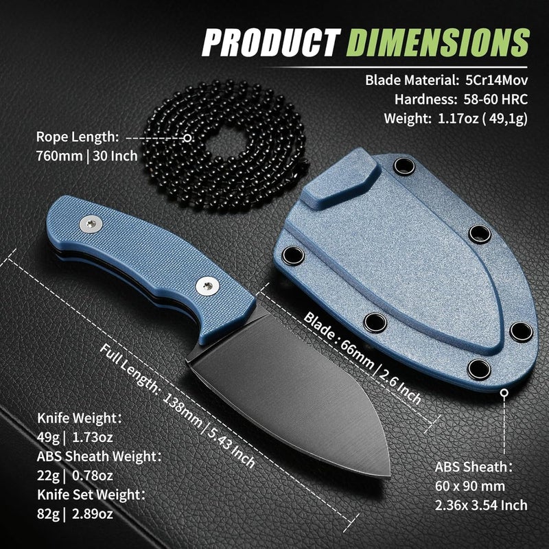 SPITZKANTE P-DA Neck Knife – EDC Fixed Blade Knife with Sheath and Necklace, 2.8" 5Cr14MoV Stainless Steel, Blue Handle for Hiking, Camping & Outdoor Use - Image 4